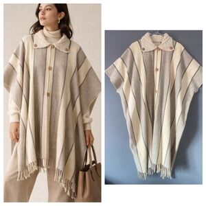 Cream Gray Striped Wool Poncho One Size Coastal Grandma Lagenlook